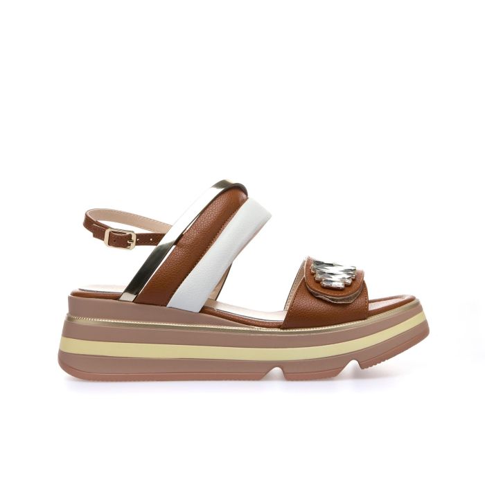 Sandali marroni in pelle con suola platform e pietre gioiello