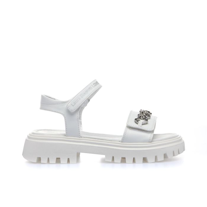 Sandali bianchi con velcro e dettaglio catena