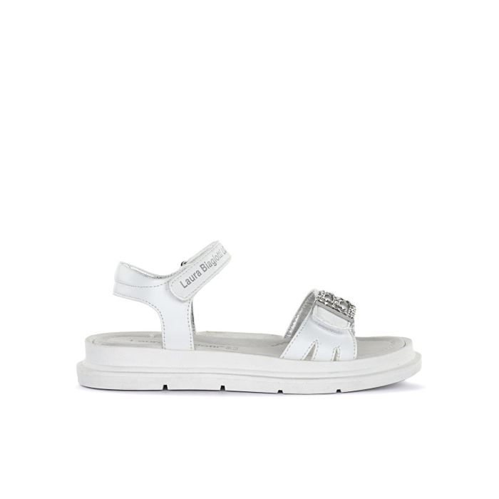 Sandali bianchi da bimba con strappo e logo gioiello