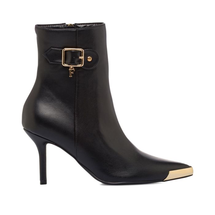 Stivaletti neri eleganti in pelle da donna con tacco alto e dettagli laminati