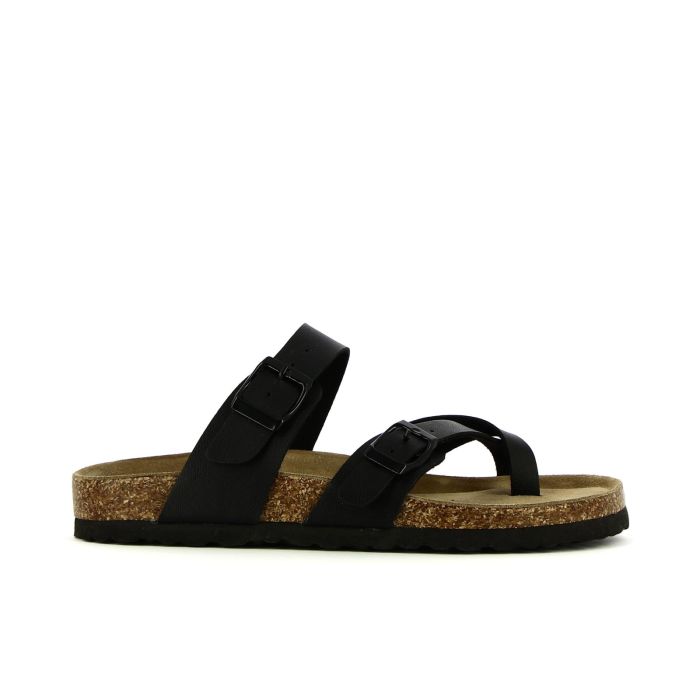 Sandali infradito neri con fondo effetto sughero e fibbie