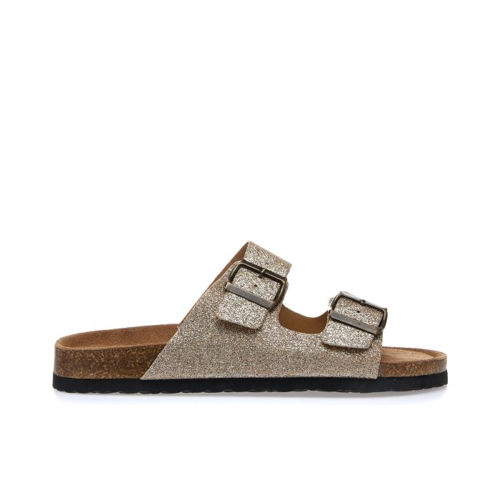 Sandali oro glitter con doppia fibbia e fondo effetto sughero