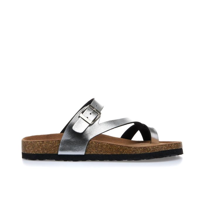 Sandali infradito argento con fondo effetto sughero e fibbie