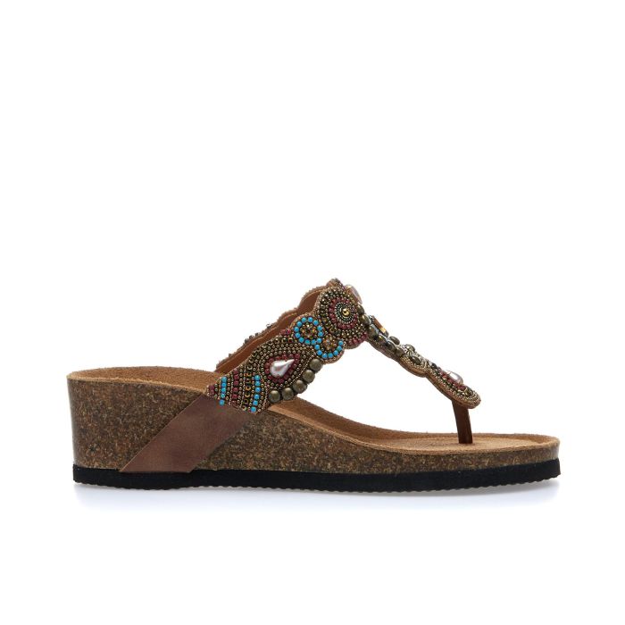 Sandali neri infradito con zeppa effetto sughero e perline