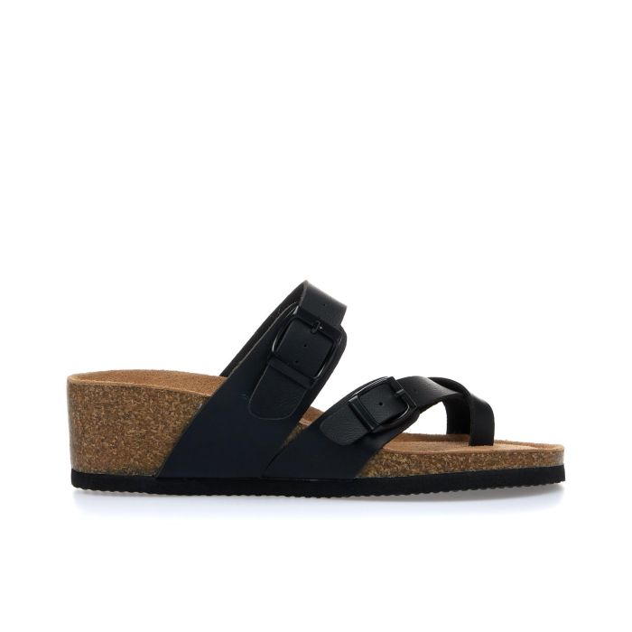 Sandali neri infradito con zeppa effetto sughero e fibbie