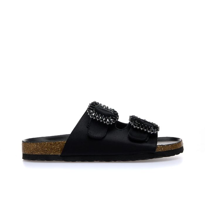 Sandali neri bassi con doppia fibbia e fondo effetto sughero