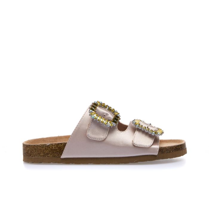 Sandali rosa bassi con doppia fibbia e fondo effetto sughero