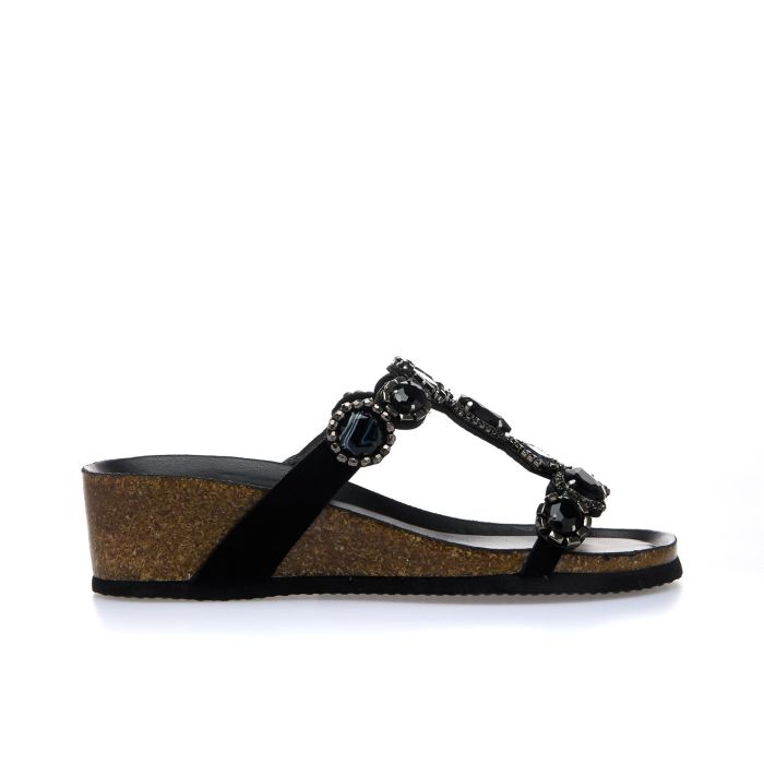 Sandali neri con zeppa, pietre gioiello e fondo effetto sughero