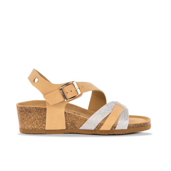 Sandali beige e argento da donna con fondo effetto sughero