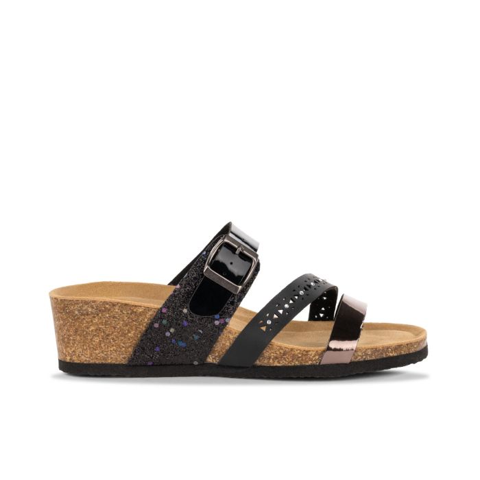 Sandali neri con zeppa e fondo effetto sughero da donna