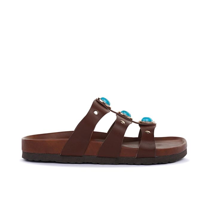 Sandali marroni da donna con fibbie e pietre gioiello