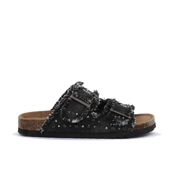 Sandali neri da donna con doppia fibbia sfrangiata in denim e suola effetto sughero