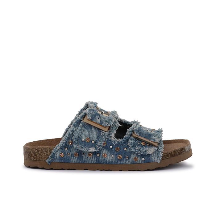 Sandali azzurri da donna con doppia fibbia sfrangiata in denim e suola effetto sughero