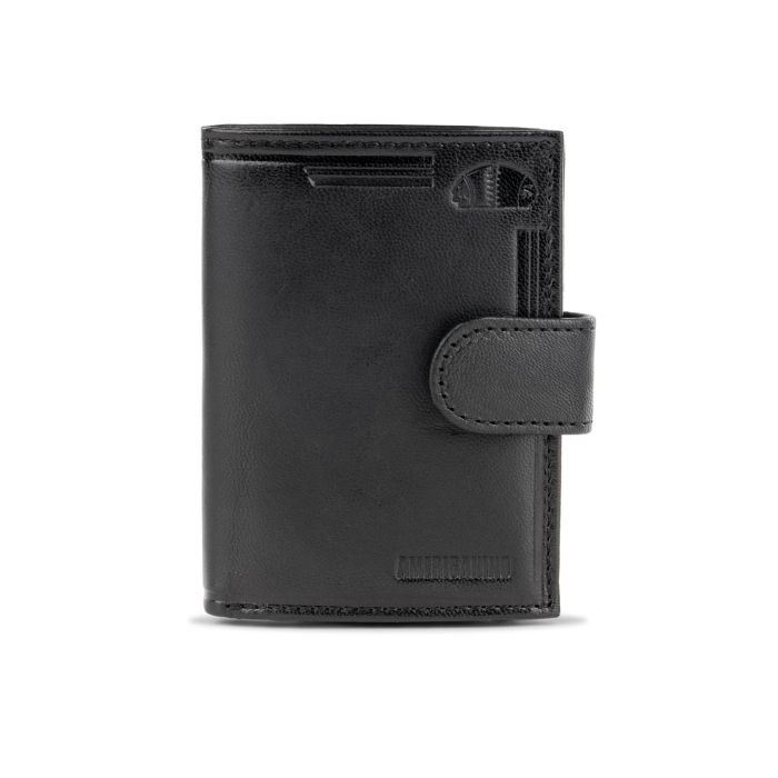 Portafoglio verticale nero da uomo con logo e cuciture