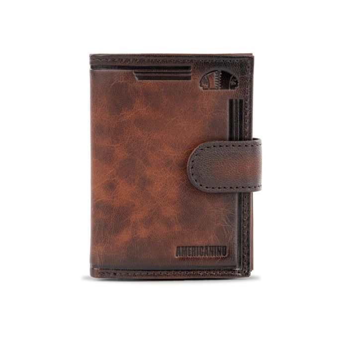 Portafoglio verticale marrone da uomo con logo e cuciture