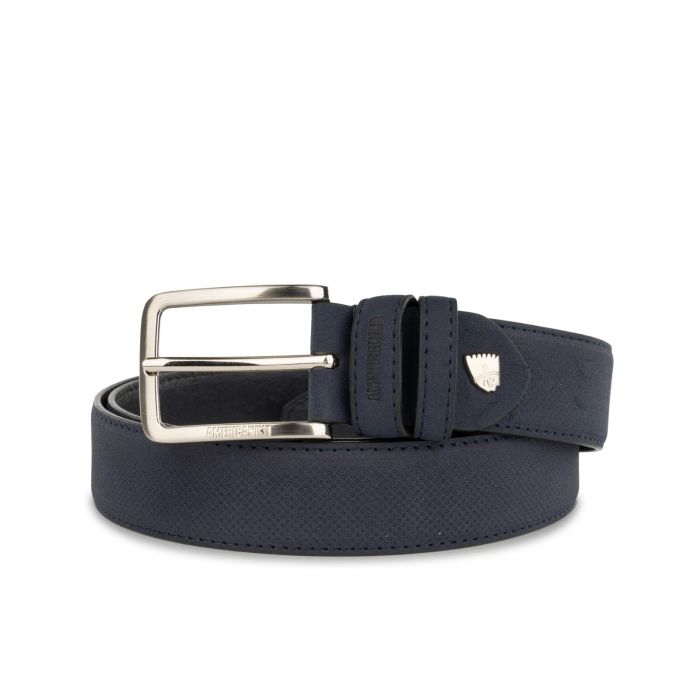 Cintura blu da uomo con fibbia e logo cromato