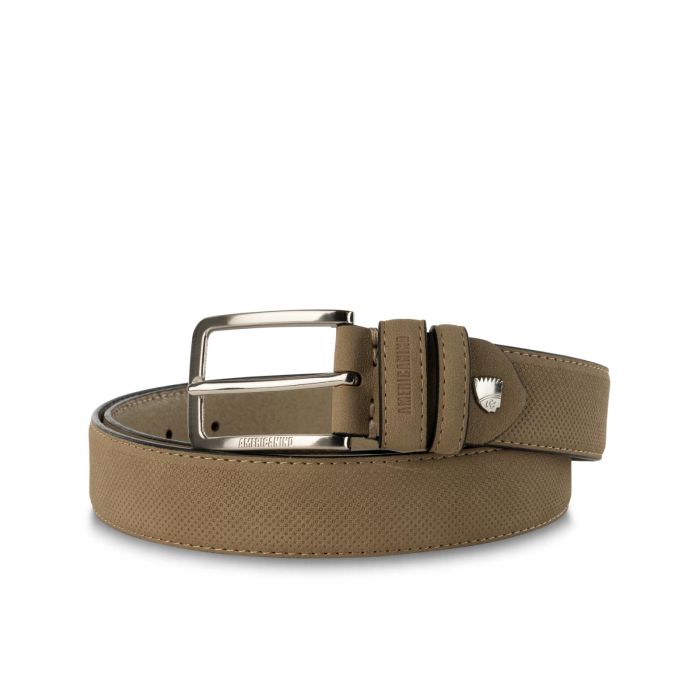 Cintura beige da uomo con fibbia e logo cromato