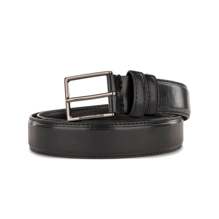 Cintura nera da uomo con doppio passante e cuciture