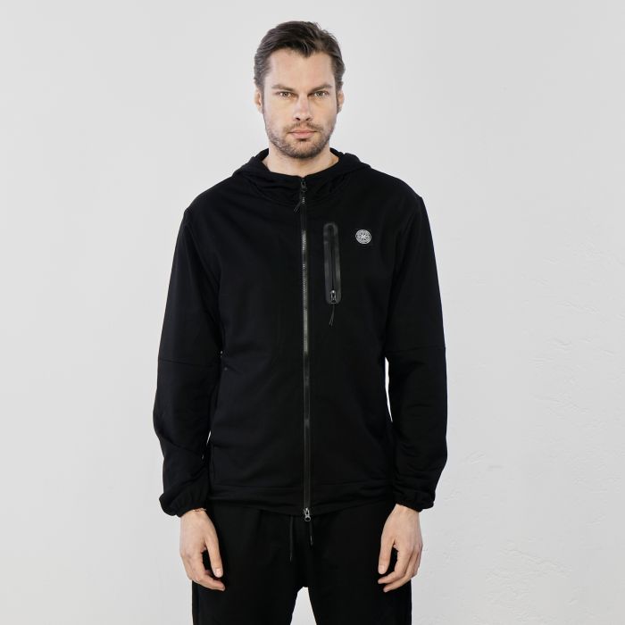 Felpa nera con taschino con zip e cappuccio