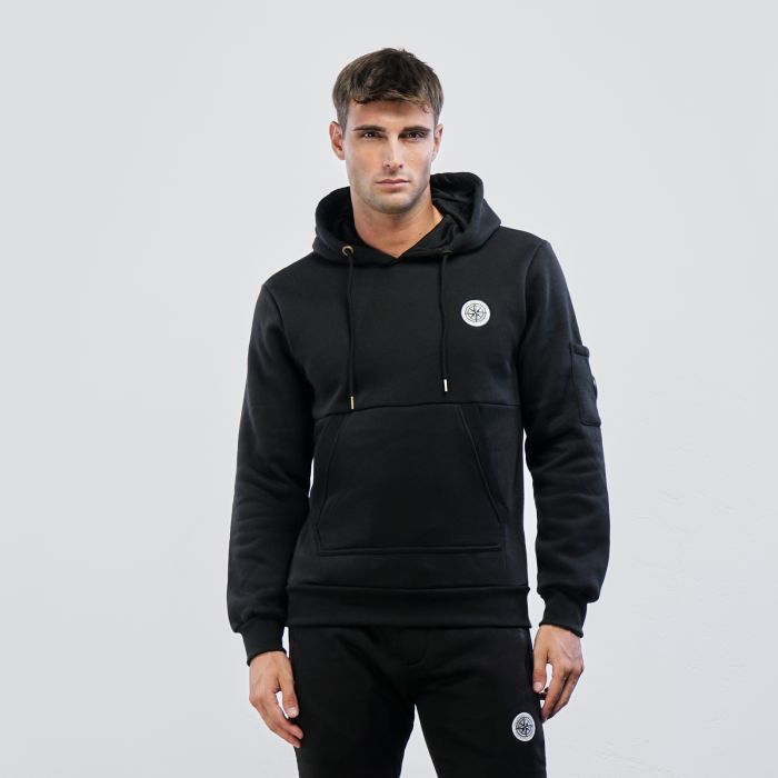 Felpa nera con cappuccio e tasche canguro