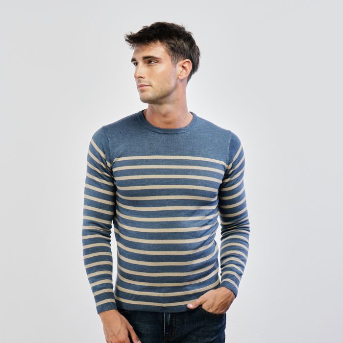 Maglioncino girocollo blu con righe beige