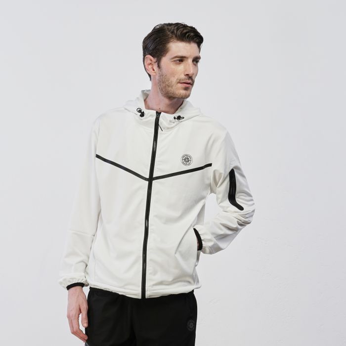 Felpa bianca sportiva da uomo in tessuto tecnico con tasche e cappuccio