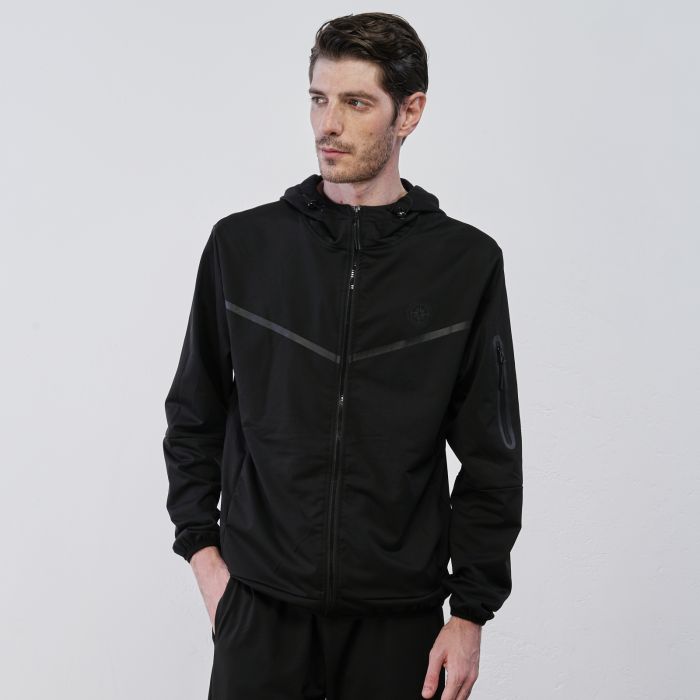 Felpa nera sportiva da uomo in tessuto tecnico con tasche e cappuccio