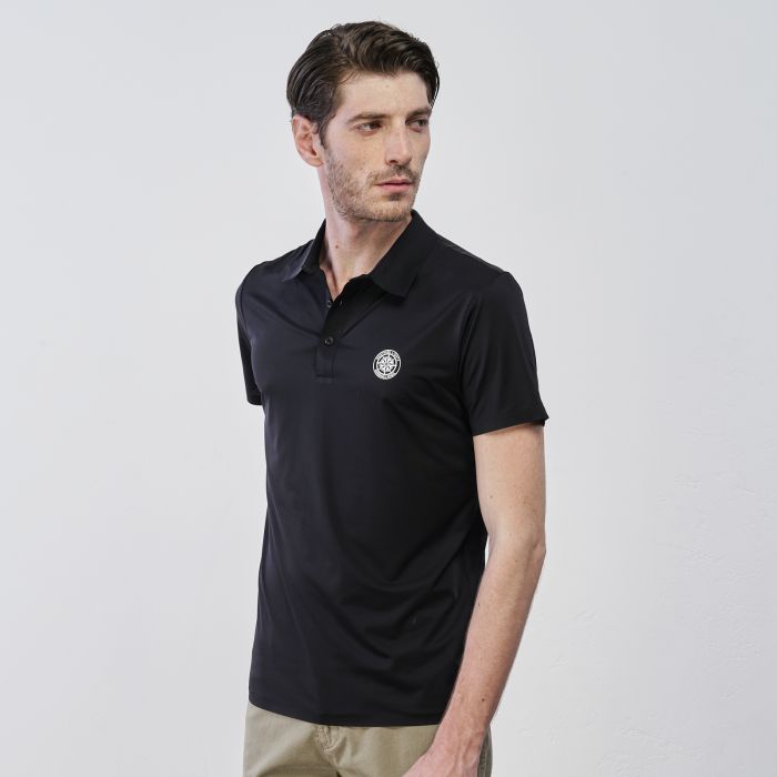 Polo nera da uomo in tinta unita con logo e maniche corte