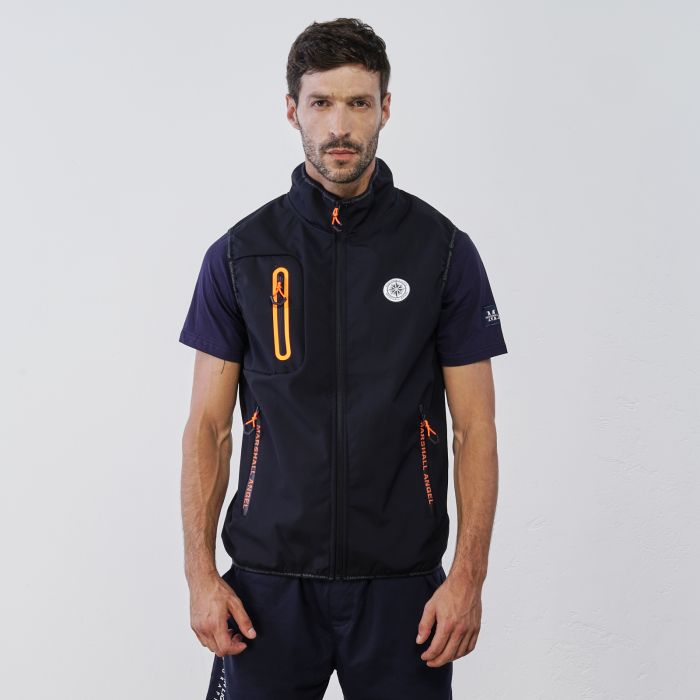 Gilet blu da uomo in tessuto tecnico con dettagli fluo