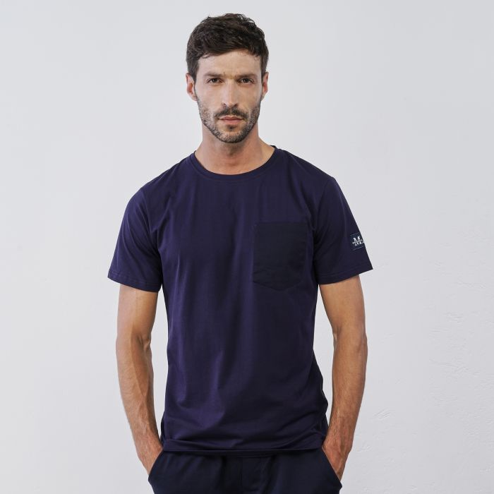 T-shirt blu da uomo maniche corte con taschino