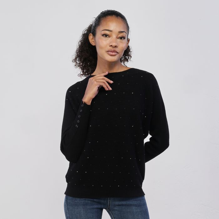 Maglia nera da donna con strass e dettaglio bottoni sui polsini