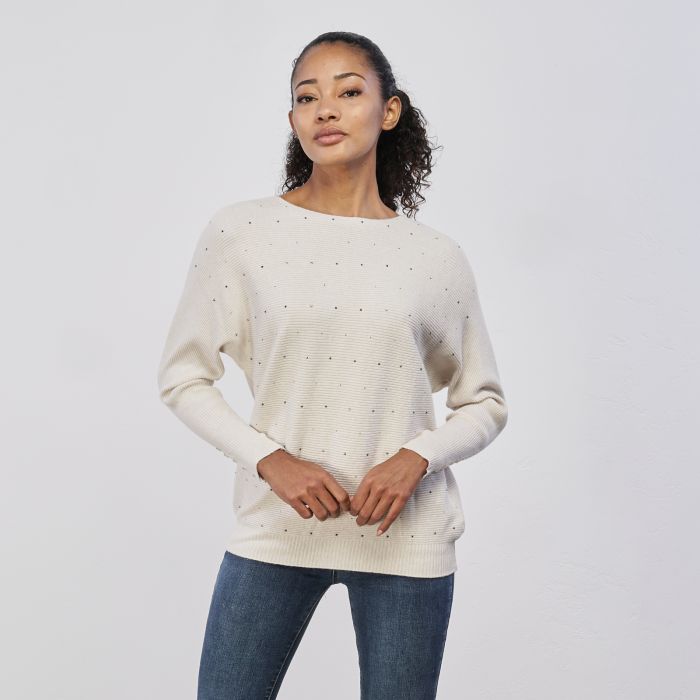 Maglia bianca da donna con strass e dettaglio bottoni sui polsini