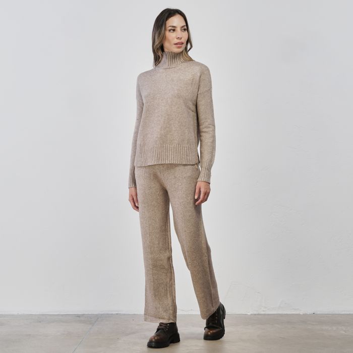 Pantaloni lunghi beige da donna in maglia con coulisse