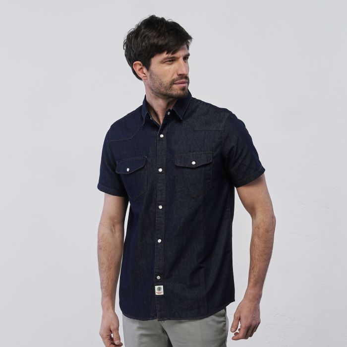 Camicia blu in denim Marshall da uomo con maniche corte