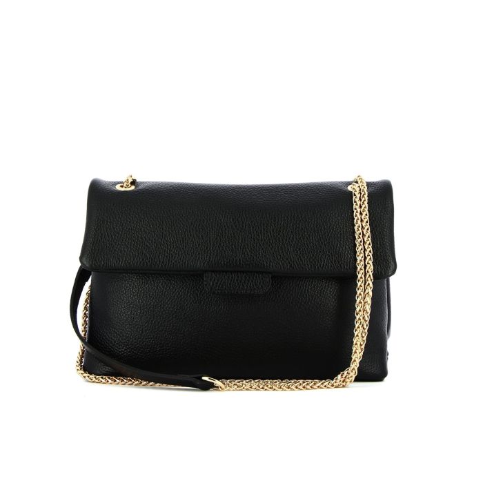 Borsa nera in pelle con tracolla in metallo