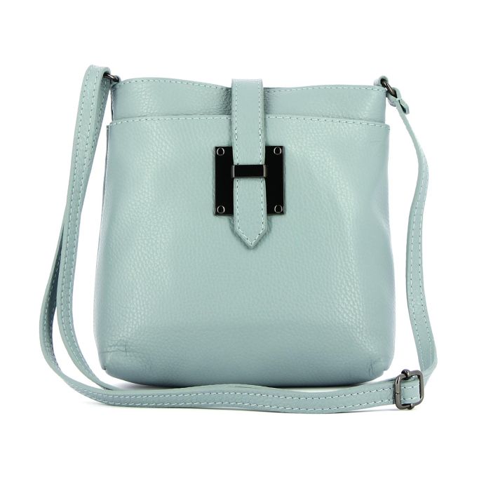 Borsa azzurra in pelle con tracolla regolabile e fibbia