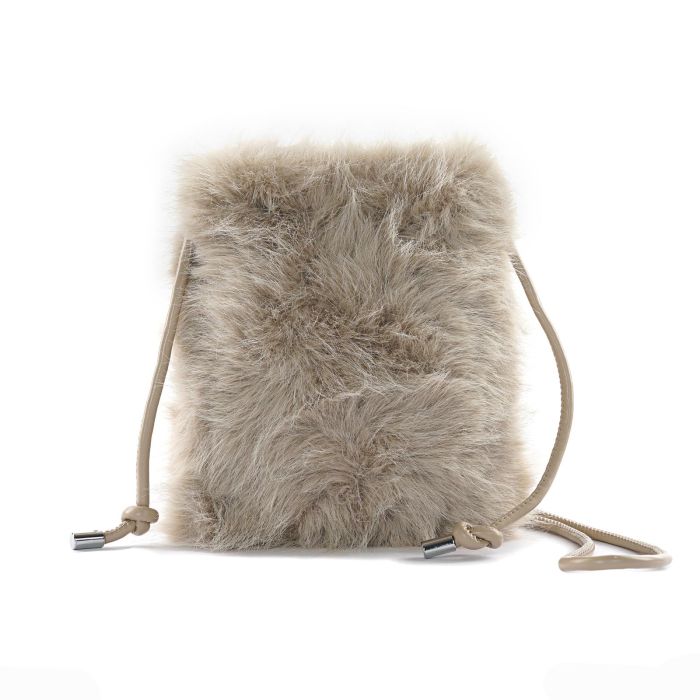 Borsetta beige in peluche con tracolla e chiusura con lacci