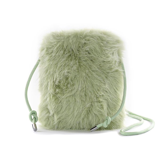 Borsetta verde in peluche con tracolla e chiusura con lacci