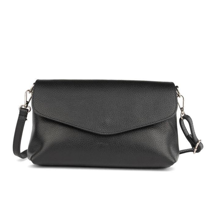 Borsa nera da donna in pelle con tracolla removibile e patta frontale