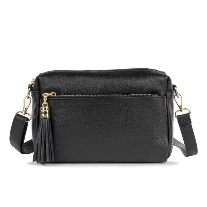 Borsa nera in pelle da donna con tracolla removibile e zip con nappina