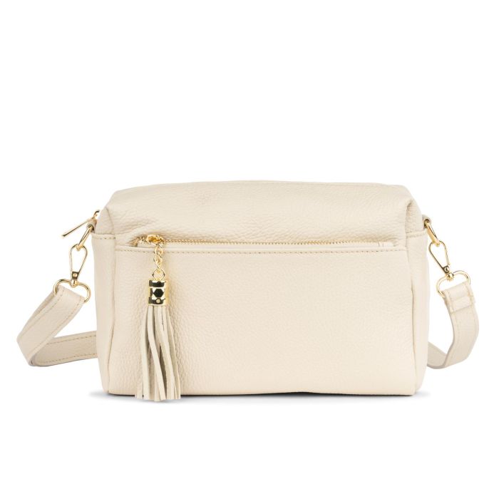 Borsa bianca in pelle da donna con tracolla removibile e zip con nappina