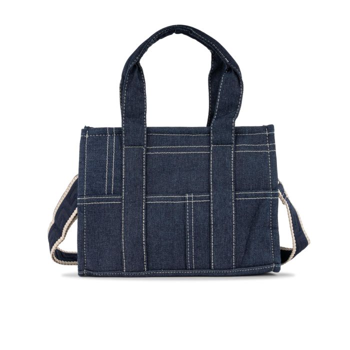 Borsa blu da donna in tessuto denim con cuciture e tracolla removibile