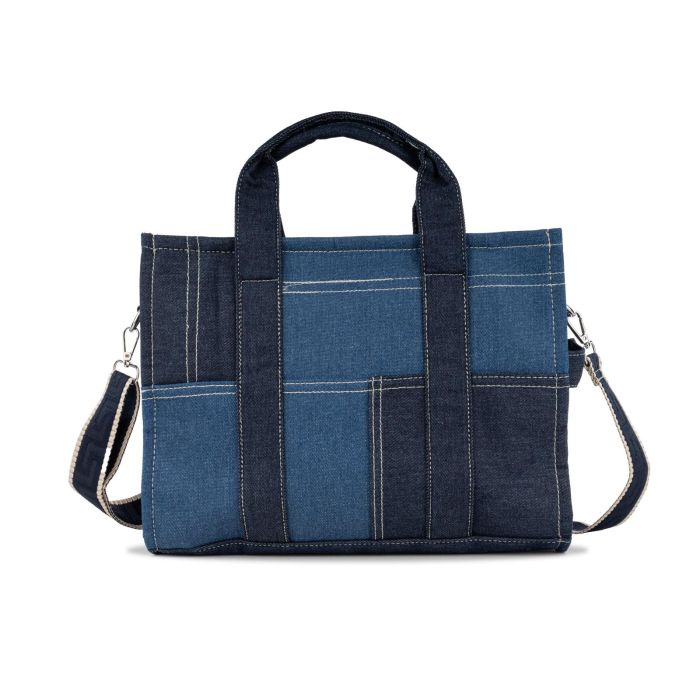 Borsa blu e azzurra da donna in tessuto denim con cuciture e tracolla removibile