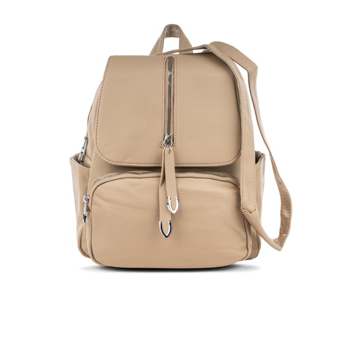 Zaino beige da donna con tascone frontale e zip
