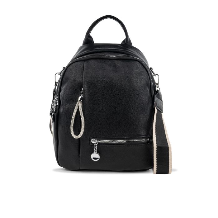 Zaino nero da donna con spallacci in tessuto e doppia tasca con zip