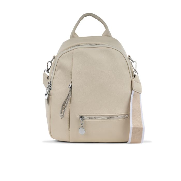 Zaino beige da donna con spallacci in tessuto e doppia tasca con zip