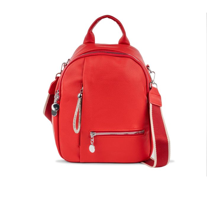 Zaino rosso da donna con spallacci in tessuto e doppia tasca con zip