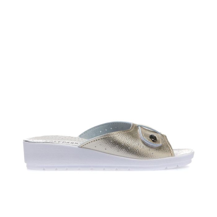 Ciabatte sanitarie da donna bianche e oro con fibbia