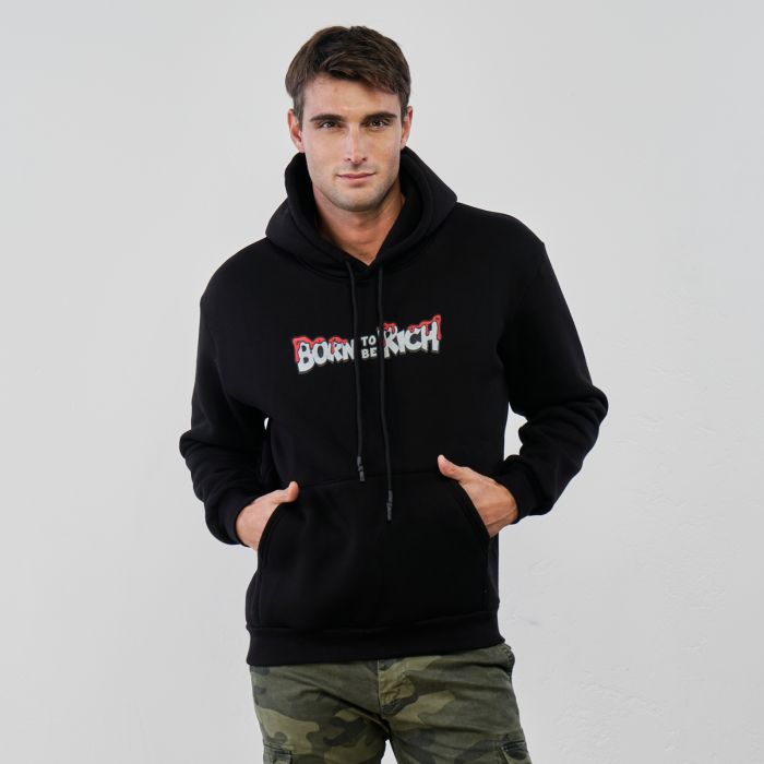 Felpa nera da uomo con cappuccio e disegni