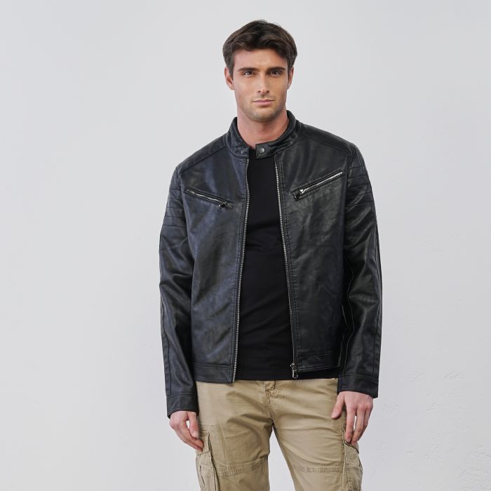 Giacca nera da uomo in ecopelle con tasche
